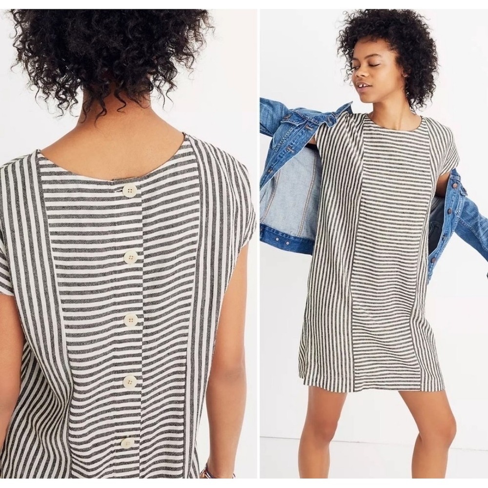 Madewell Stripe Play Button-Back Mini Linen Tee Dress Small Black White Stripe